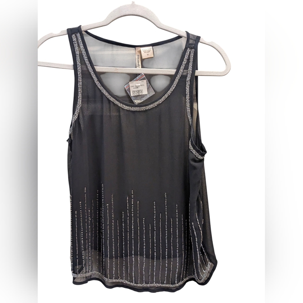 Passport Black Sheer Tank Top with Silver Embellishments Size Medium
